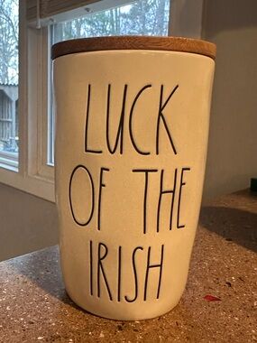 Rae Dunn Ceramic Canister with Wood Lid - "Luck of the Irish"